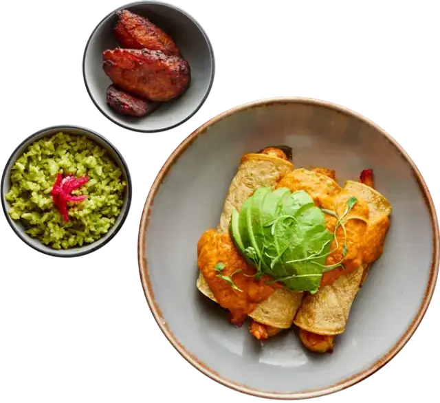 Enchiladas Jalisco with shrimp, árbol sauce, avocado, poblano rice and sweet plantains