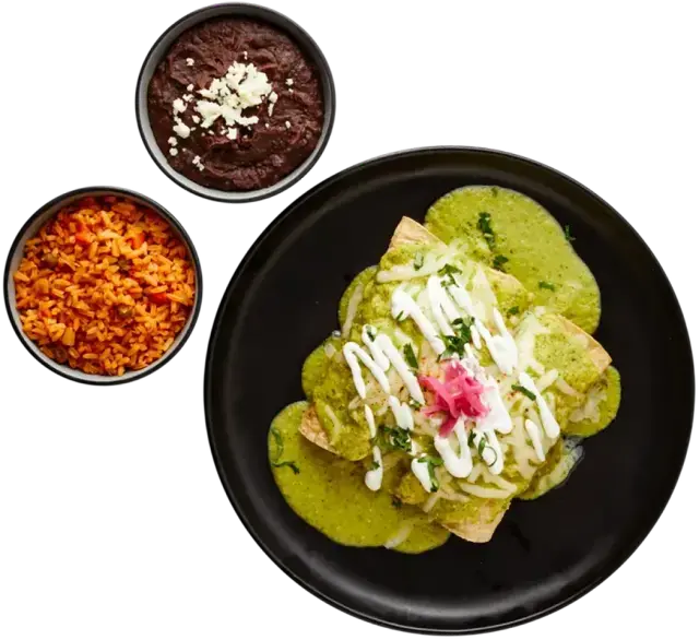 Classic enchiladas in green sauce served with red rice and black beans